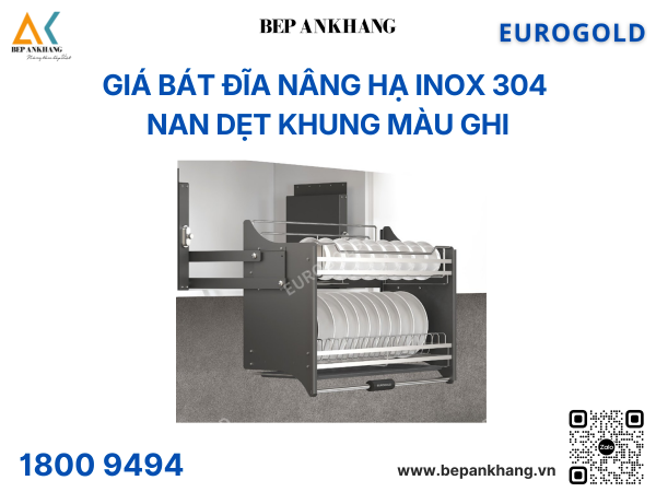 Giá bát đĩa nâng hạ inox 304 nan dẹt khung màu ghi EUI304170 (EUT9170VX) – Eurogold